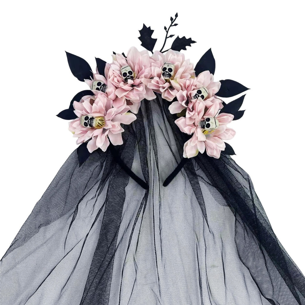 Dark Floral Crown Headband With Skull Veil - Pink