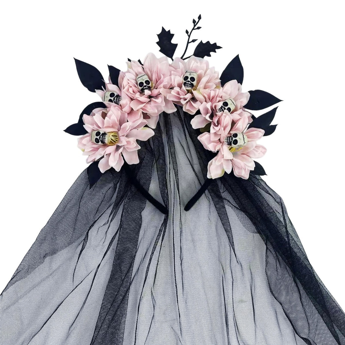Dark Floral Crown Headband With Skull Veil - Pink