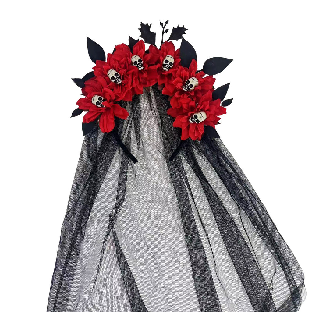 Dark Floral Crown Headband With Skull Veil - Red