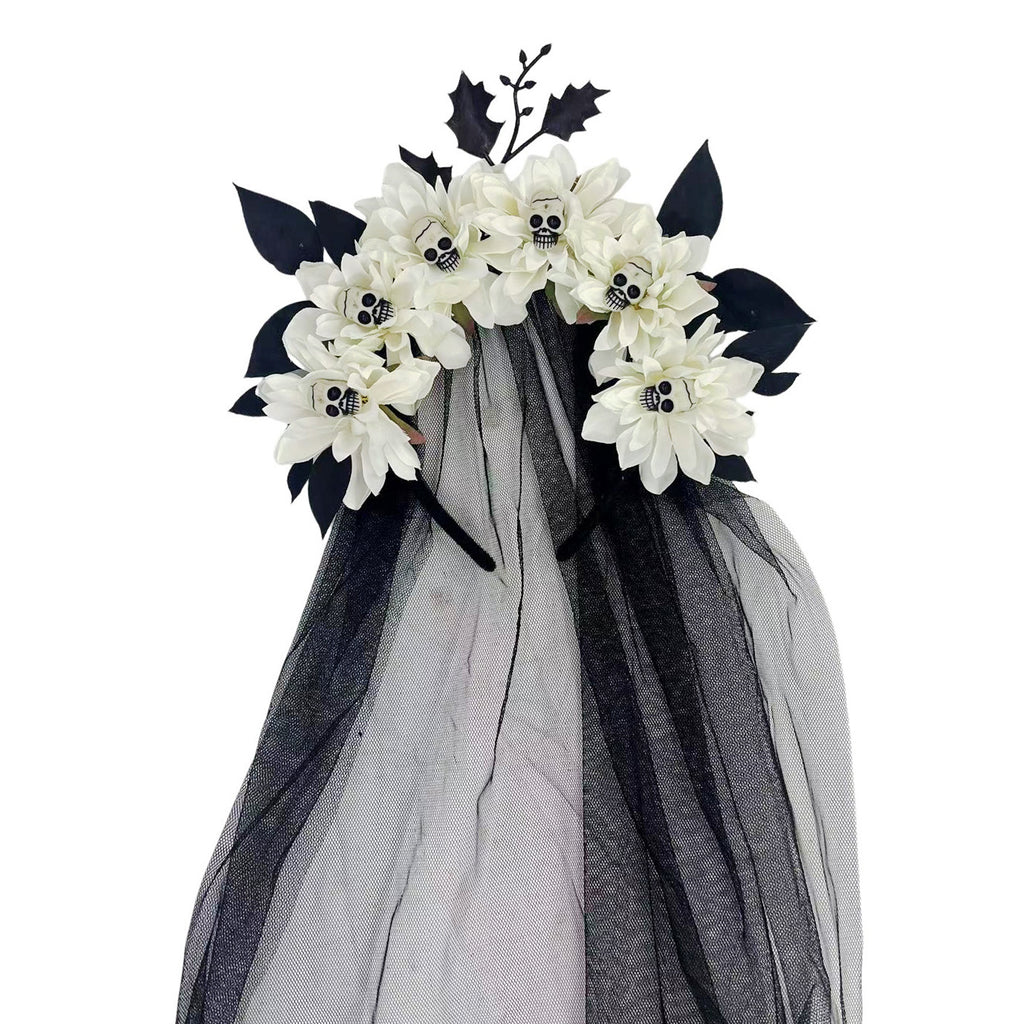 Dark Floral Crown Headband With Skull Veil - White