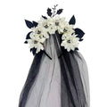 Dark Floral Crown Headband With Skull Veil - White