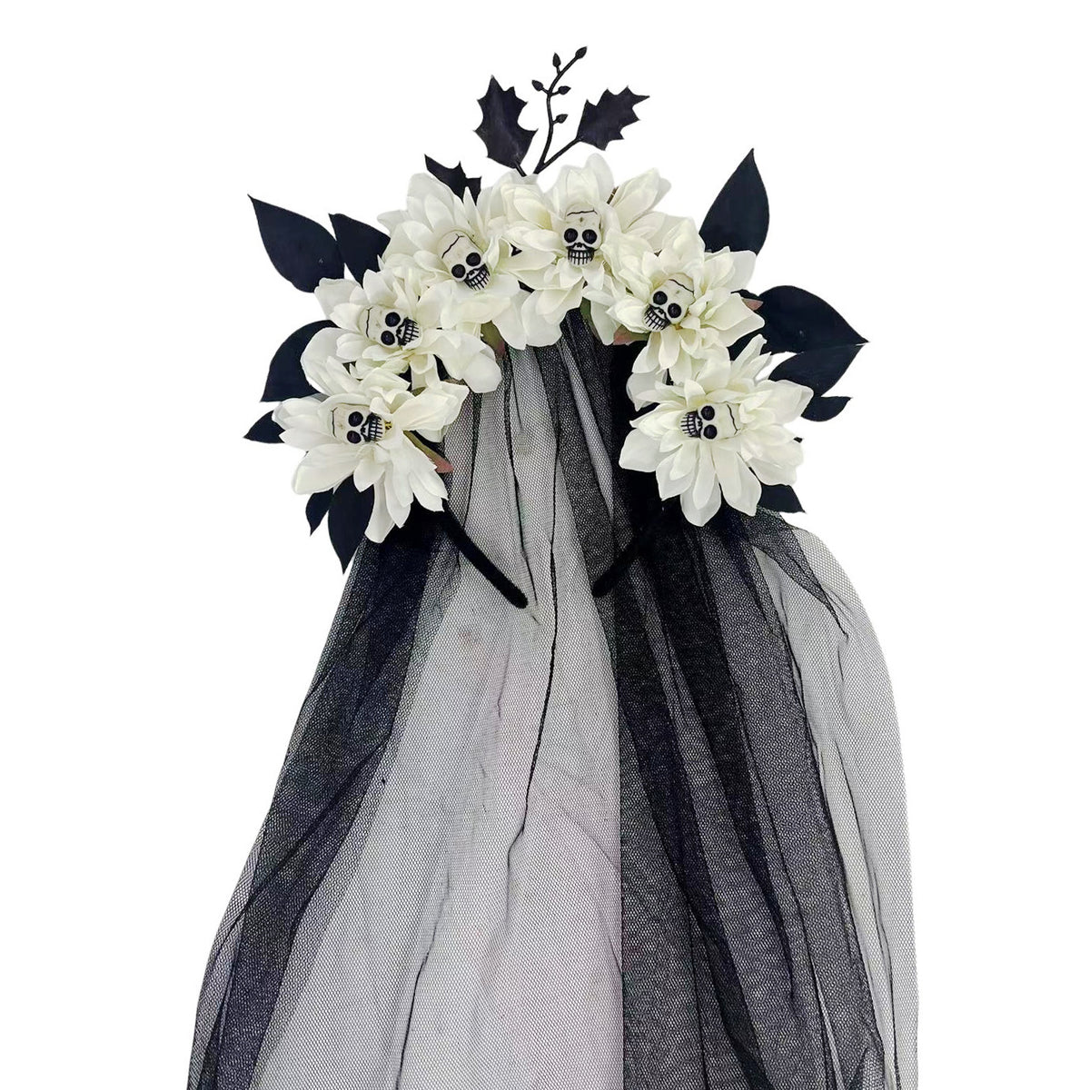 Dark Floral Crown Headband With Skull Veil - White