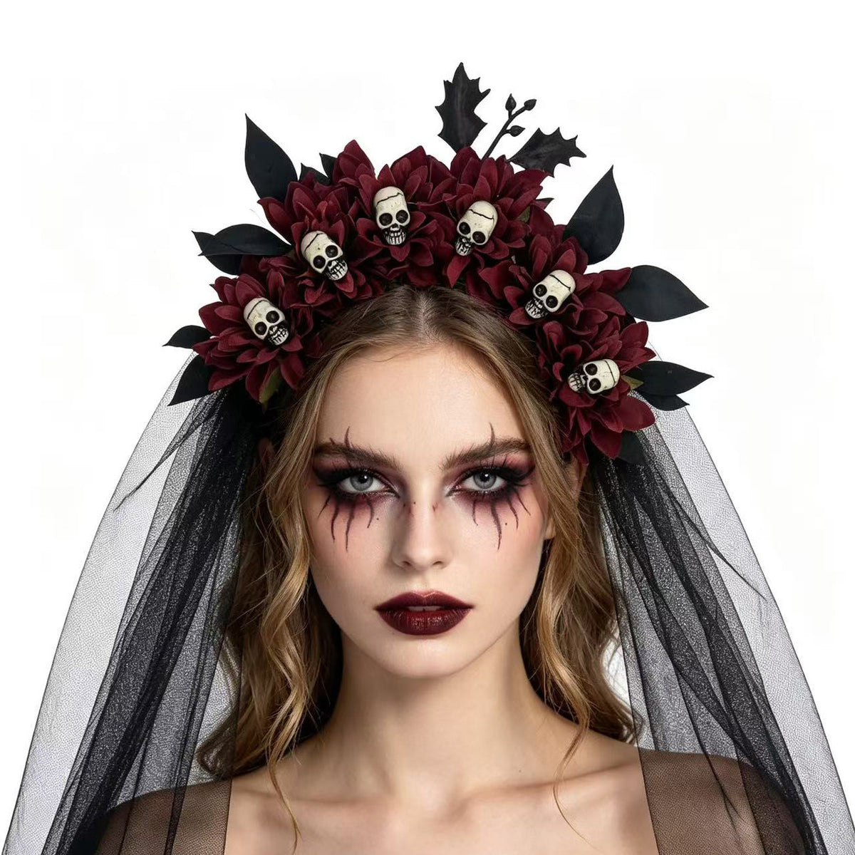 Dark Floral Crown Headband With Skull Veil