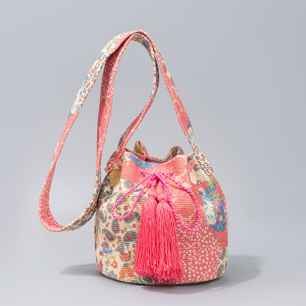 Tassel Trimmed Bucket Bag With Crossbody Strap - Color_02