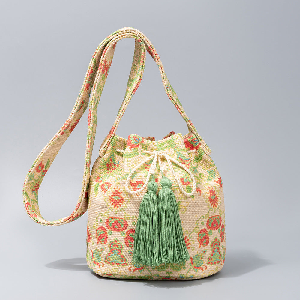 Tassel Trimmed Bucket Bag With Crossbody Strap - Color_03