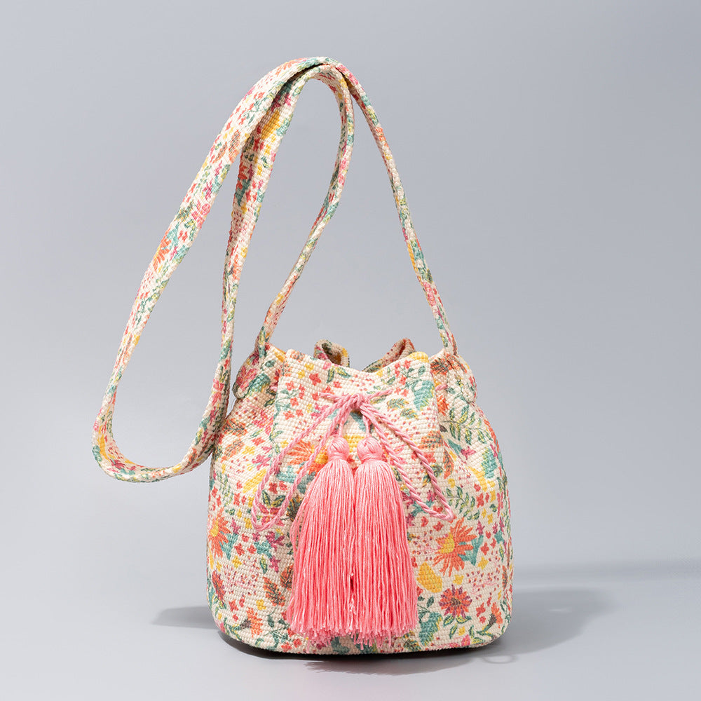Tassel Trimmed Bucket Bag With Crossbody Strap - Color_05
