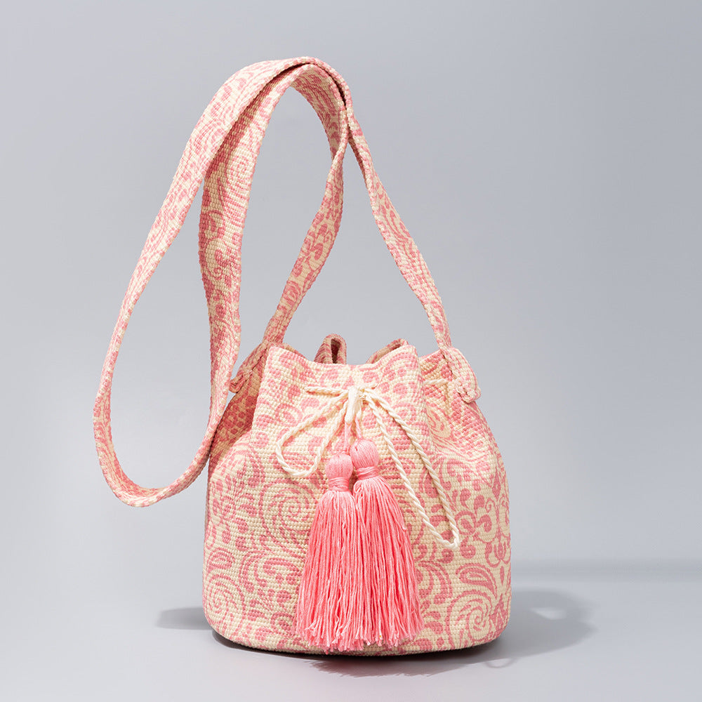 Tassel Trimmed Bucket Bag With Crossbody Strap - Color_06