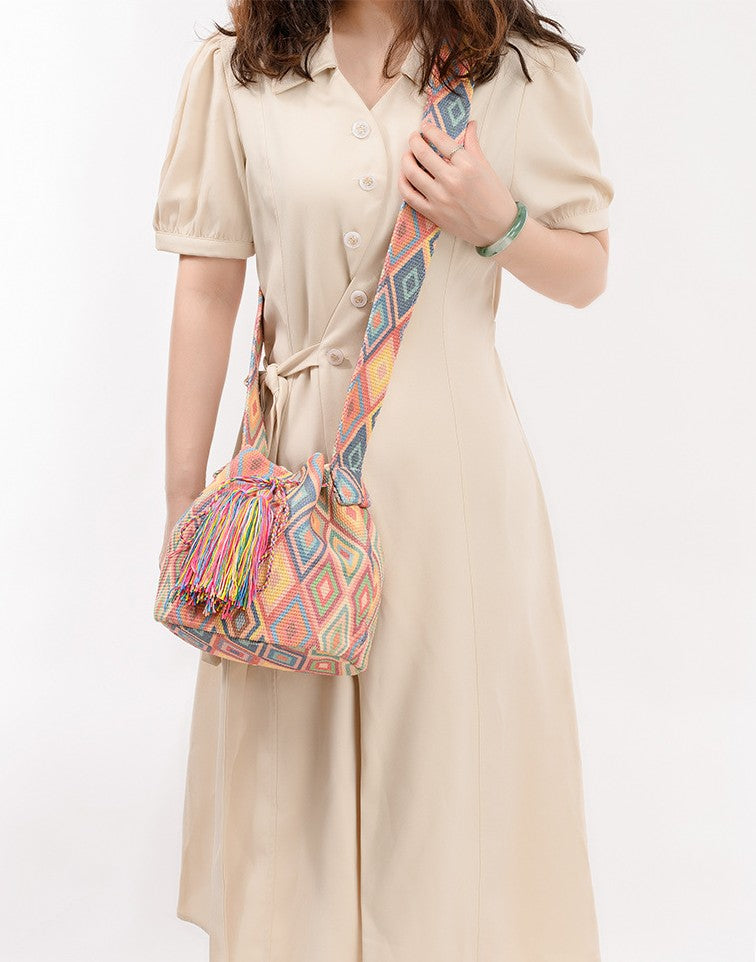 Tassel Trimmed Bucket Bag With Crossbody Strap