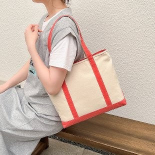 Canvas Boat Tote Bag with Contrast Trim - Coral
