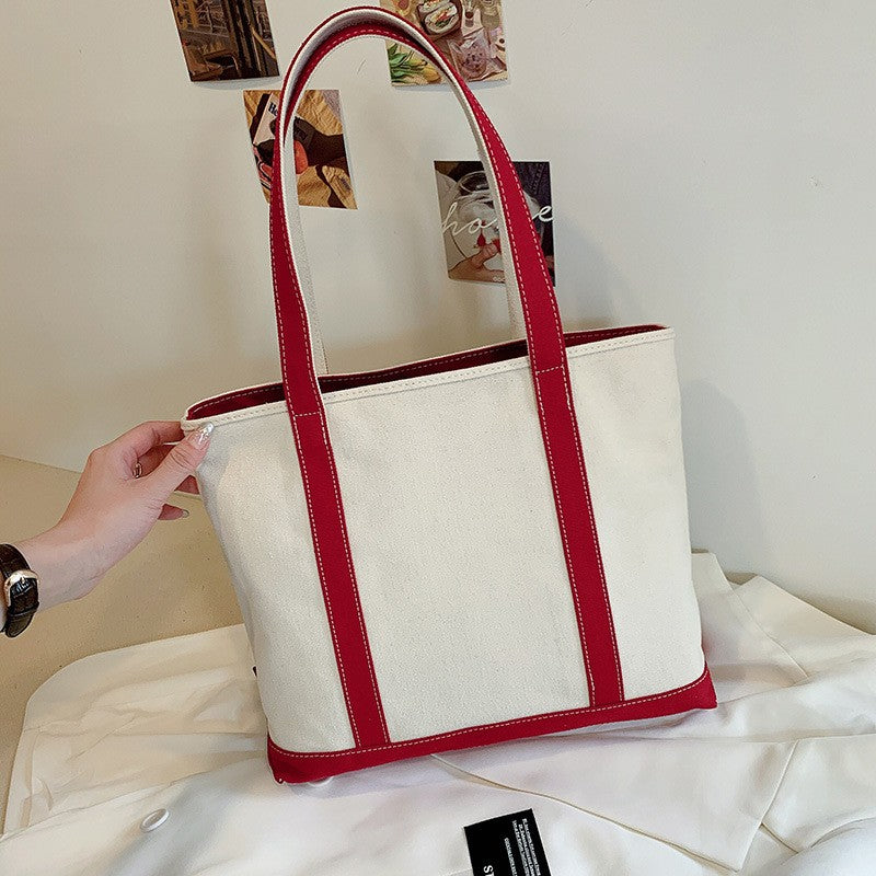 Canvas Boat Tote Bag with Contrast Trim - Crimson