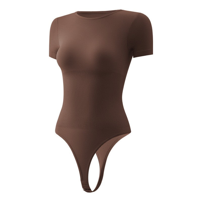 Short Sleeve Crew Neck Sculpting Thong Bodysuit - Coffee