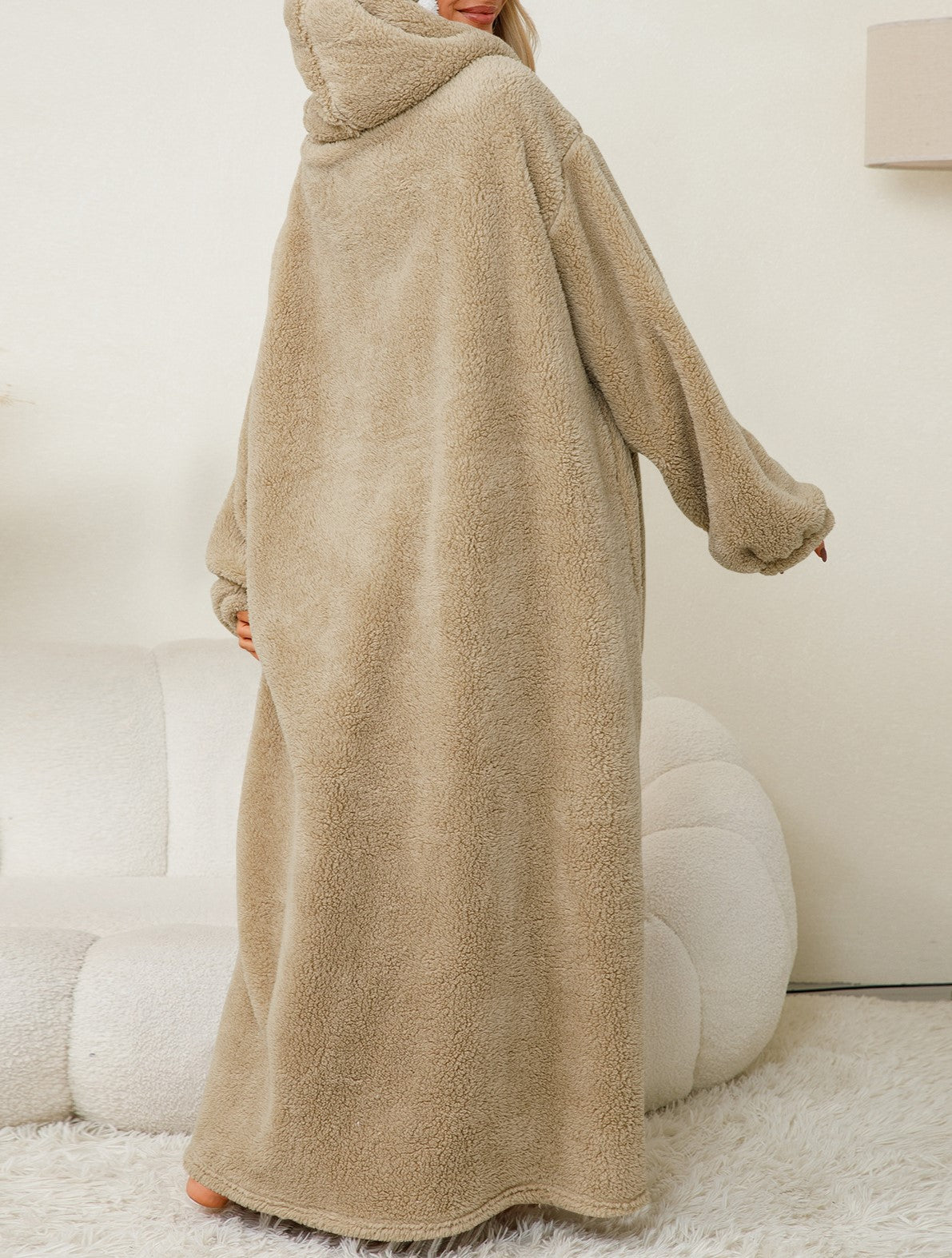 Sherpa Lined Hooded Maxi Lounge Robe - Apricot - 4