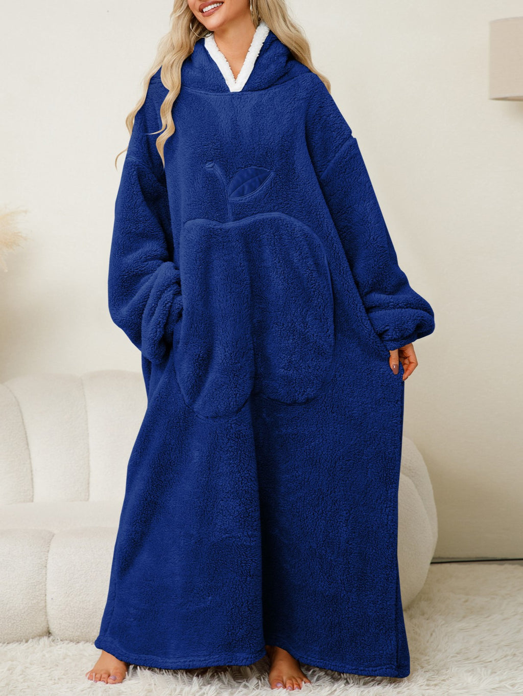 Sherpa Lined Hooded Maxi Lounge Robe - Blue - 1