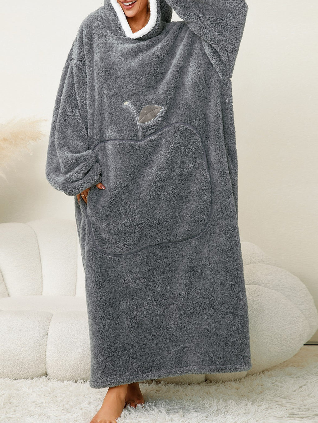 Sherpa Lined Hooded Maxi Lounge Robe - Grey - 1