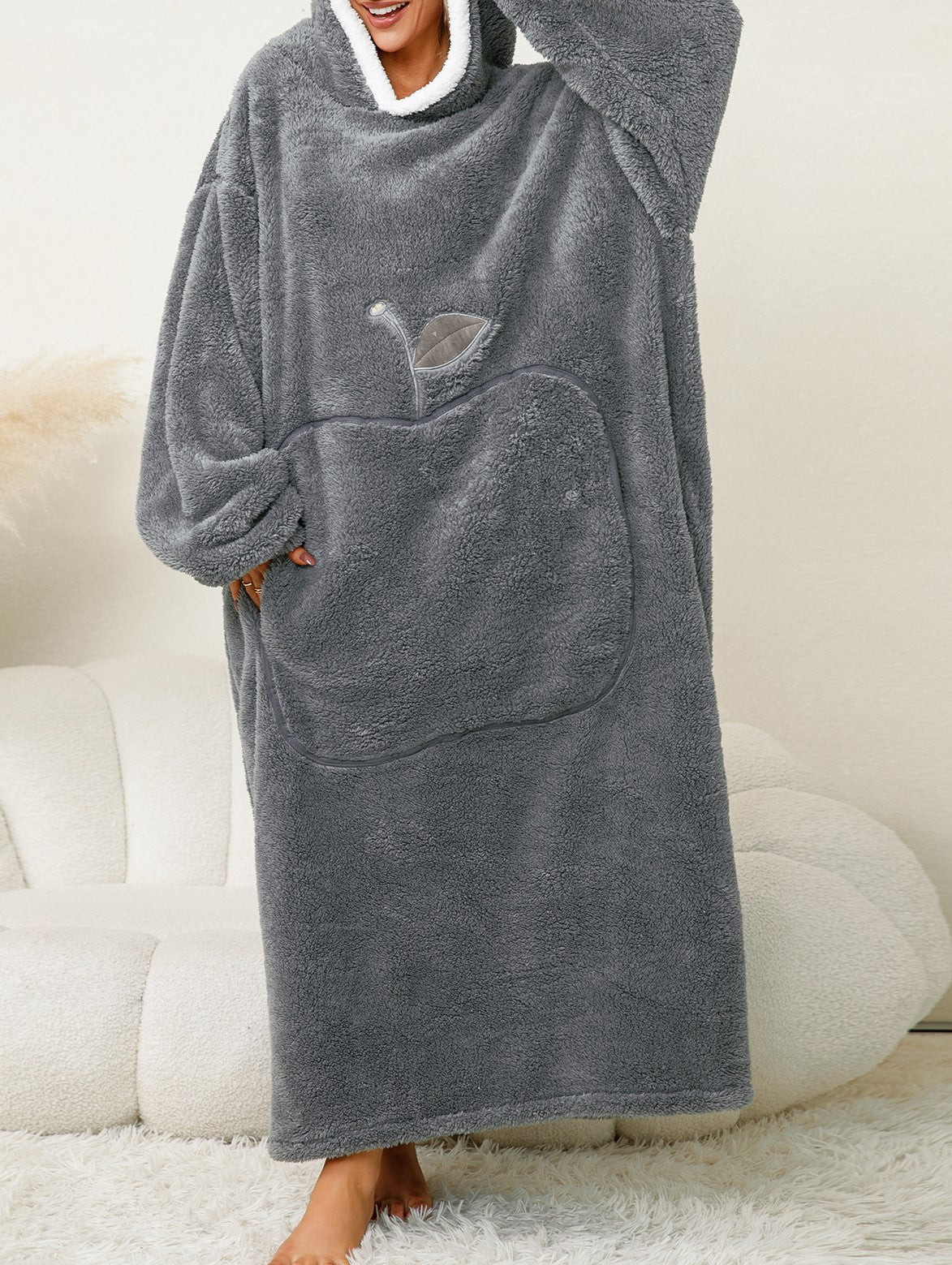 Sherpa Lined Hooded Maxi Lounge Robe - Grey - 1
