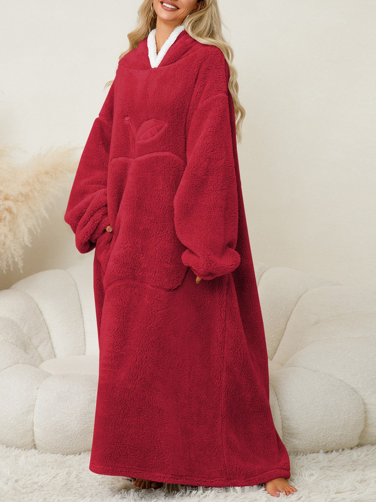 Sherpa Lined Hooded Maxi Lounge Robe - Red - 1
