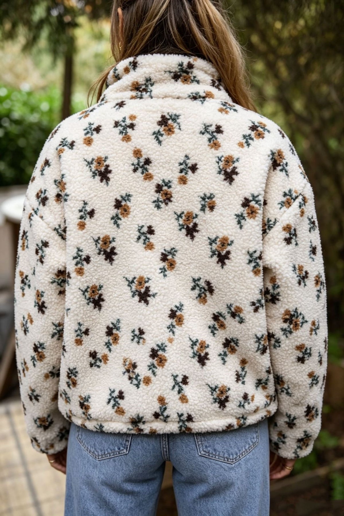 Daisy Print Teddy Sherpa Zip Jacket - White - 1