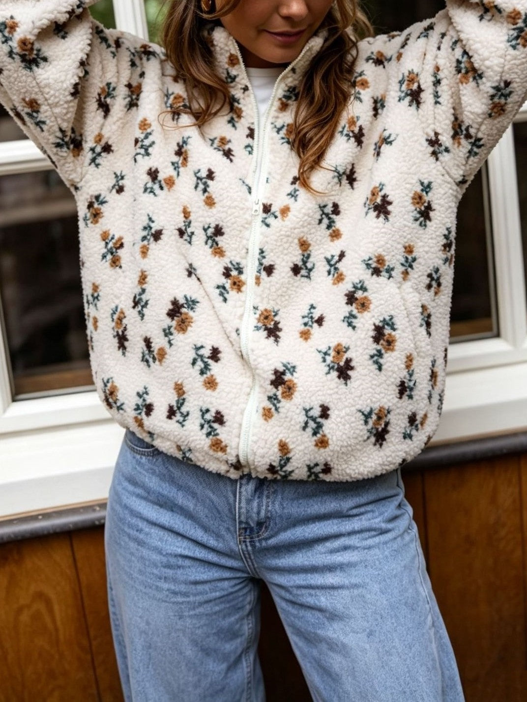 Daisy Print Teddy Sherpa Zip Jacket - White - 2