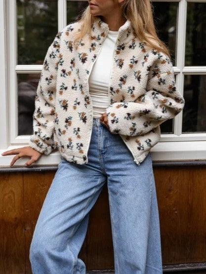 Daisy Print Teddy Sherpa Zip Jacket - White - 3