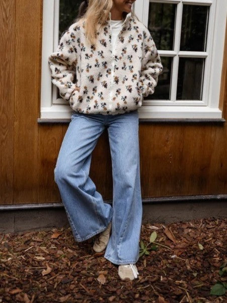 Daisy Print Teddy Sherpa Zip Jacket - White - 4