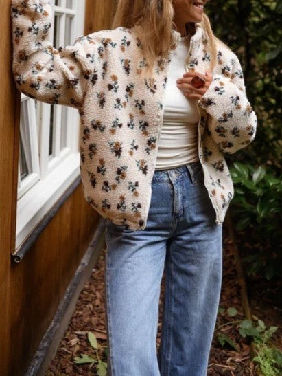 Daisy Print Teddy Sherpa Zip Jacket - White - 5
