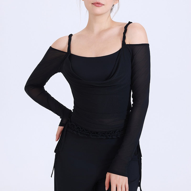 Layered Mesh Off Shoulder Long Sleeve Yoga Top - Black