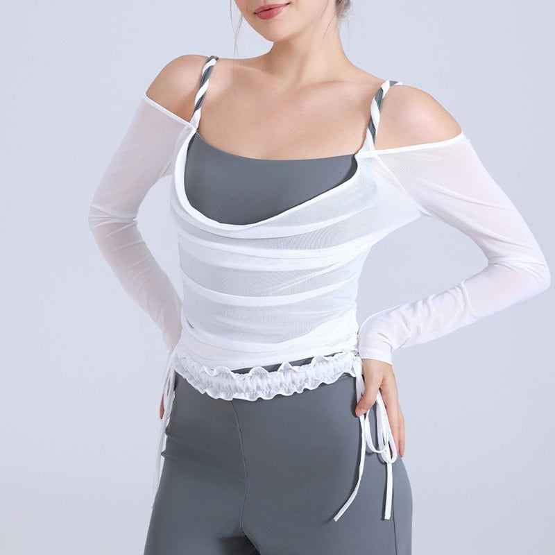 Layered Mesh Off Shoulder Long Sleeve Yoga Top - Gray