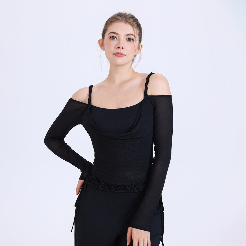 Layered Mesh Off Shoulder Long Sleeve Yoga Top