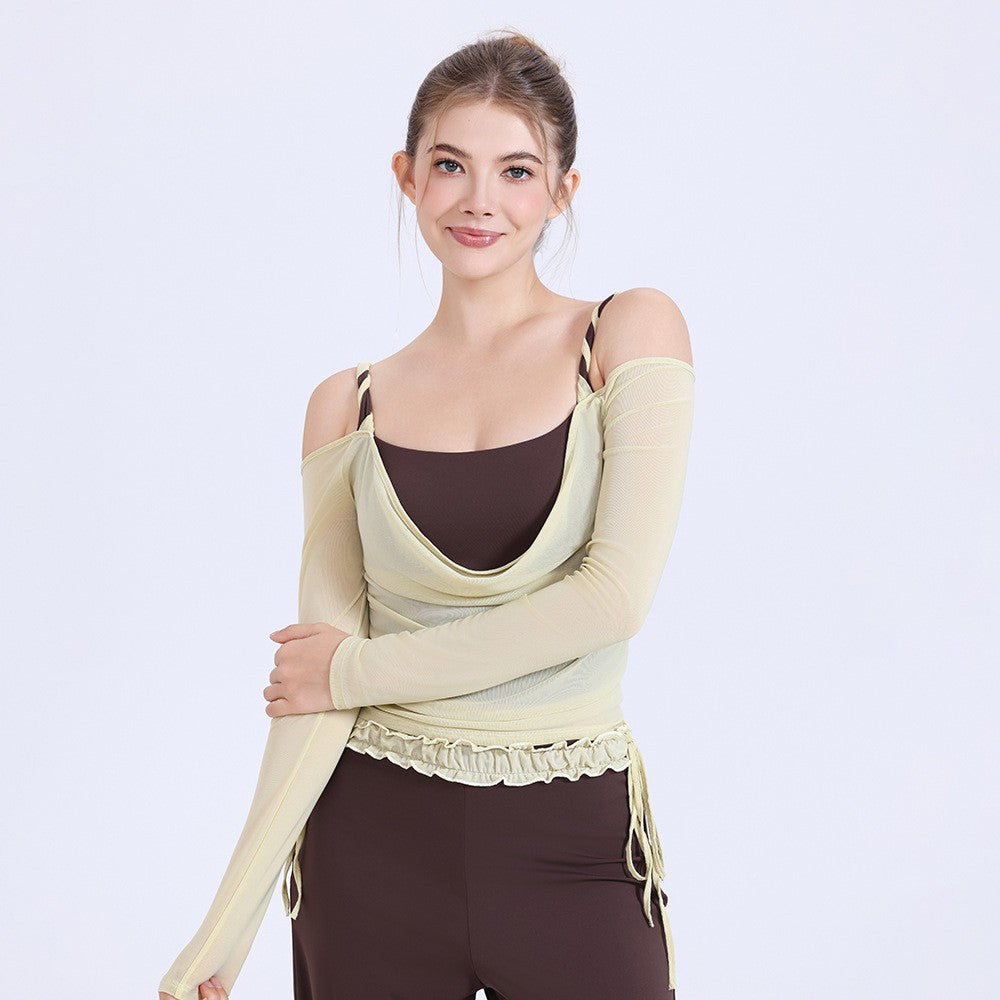 Layered Mesh Off Shoulder Long Sleeve Yoga Top