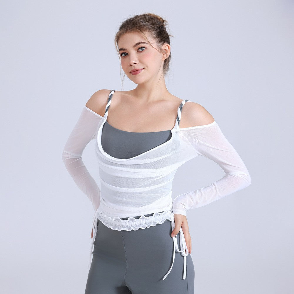 Layered Mesh Off Shoulder Long Sleeve Yoga Top