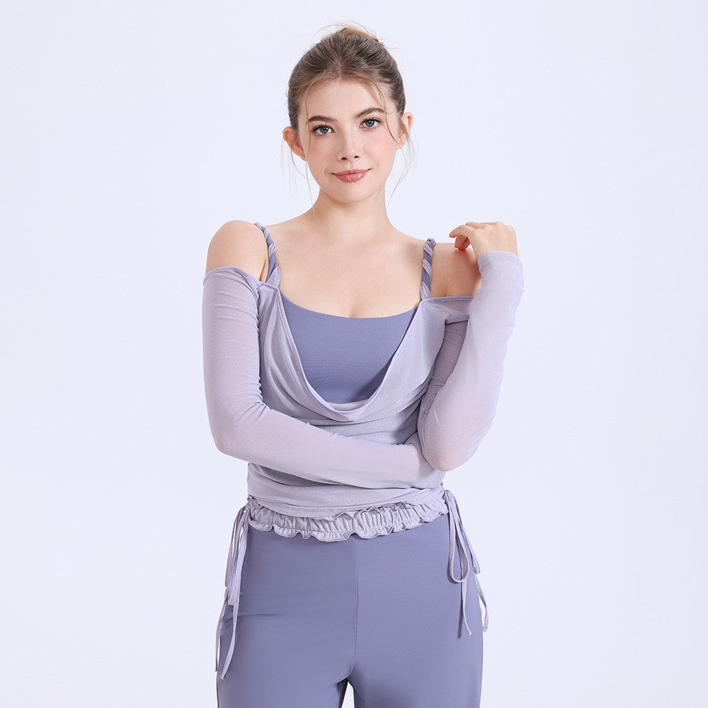 Layered Mesh Off Shoulder Long Sleeve Yoga Top