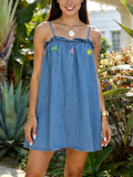 Floral Embroidered Denim Swing Mini Dress - Blue