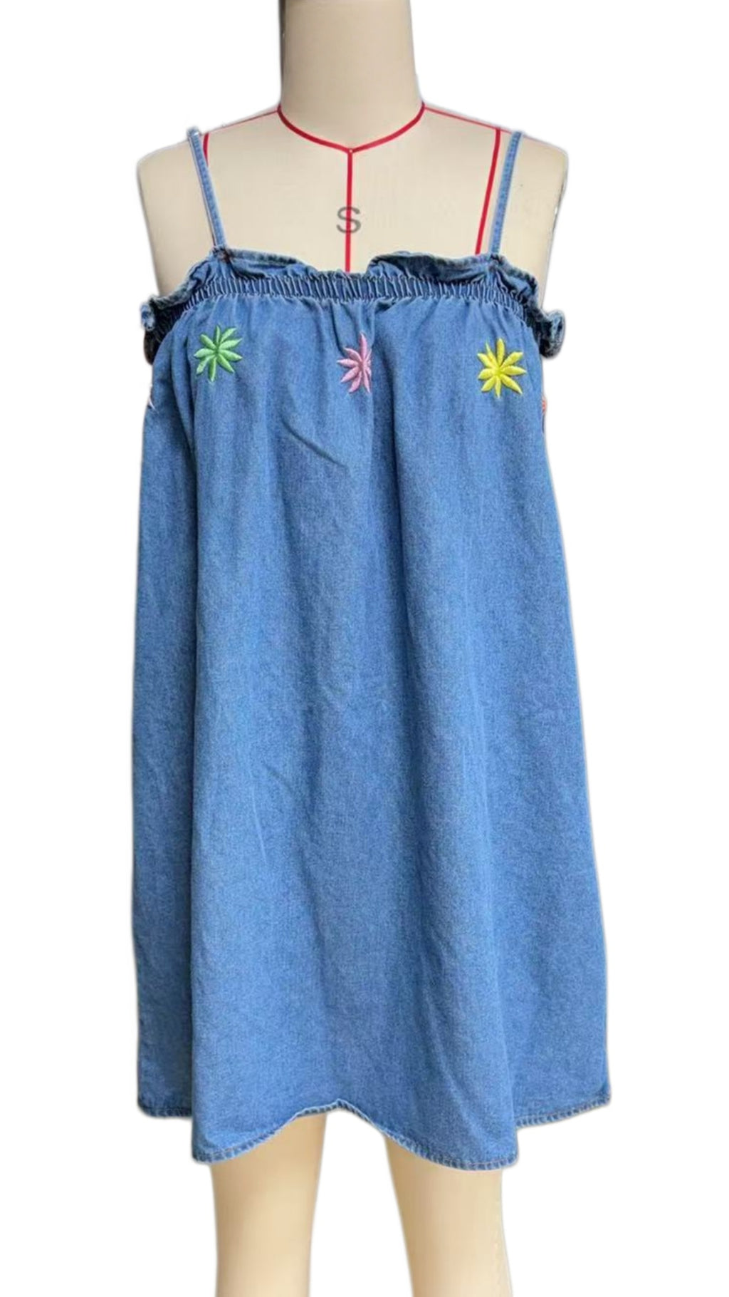 Floral Embroidered Denim Swing Mini Dress - Blue - 3