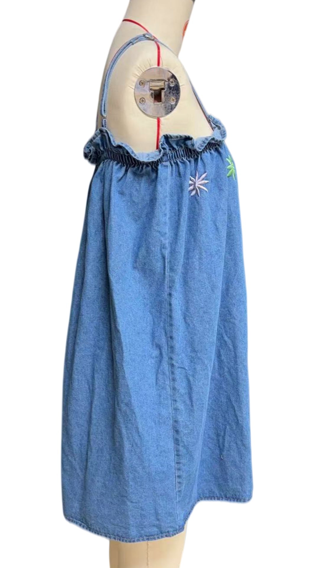 Floral Embroidered Denim Swing Mini Dress - Blue - 5