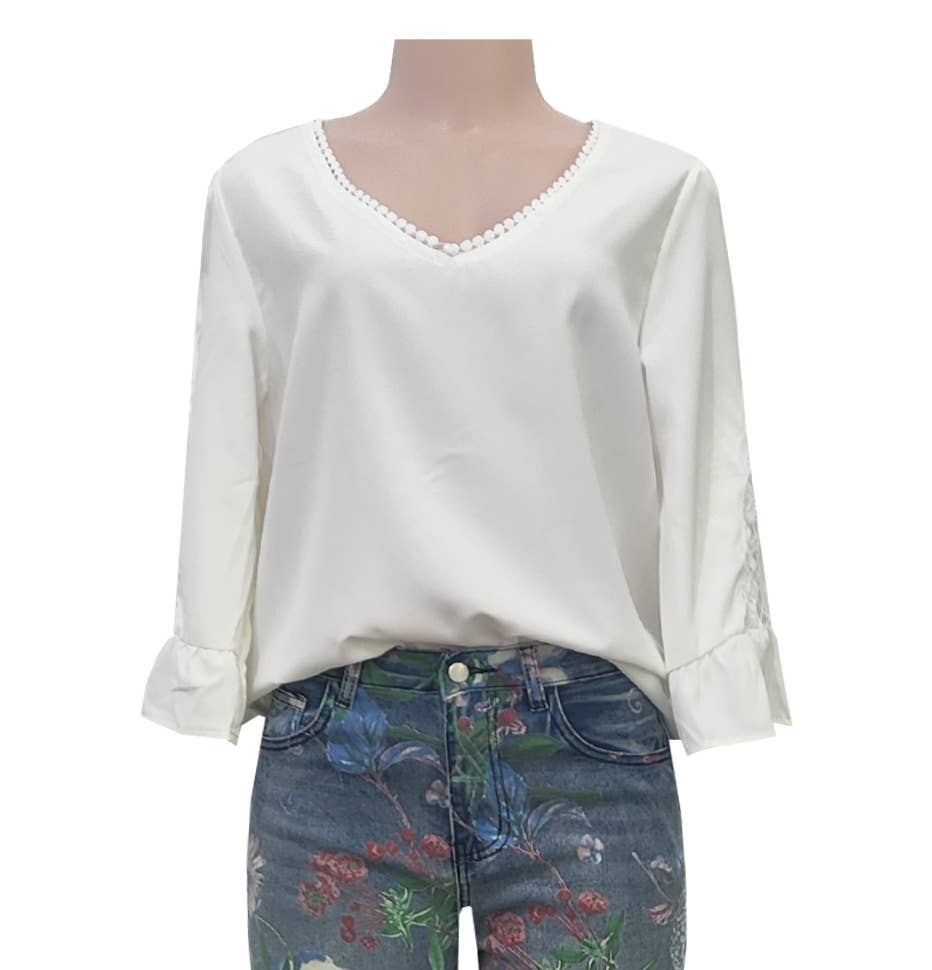 Boho Crochet Panel Flare Sleeve Blouse