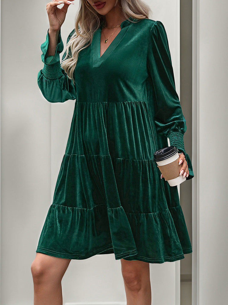 Long Sleeve Velvet Tiered Mini Dress - Green