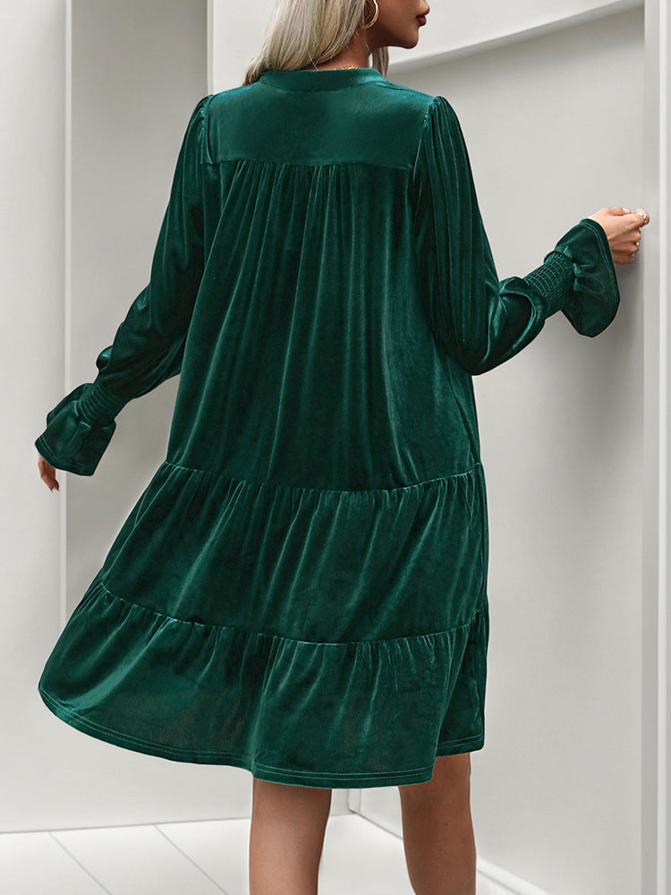 Long Sleeve Velvet Tiered Mini Dress - Green - 2