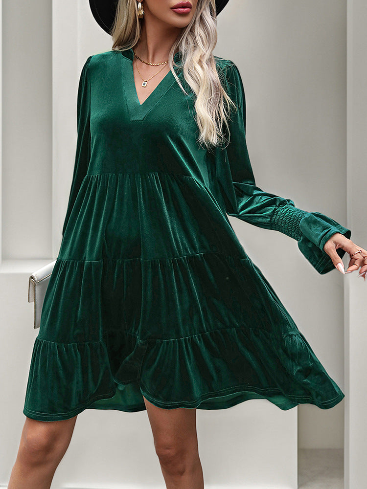 Long Sleeve Velvet Tiered Mini Dress - Green - 4