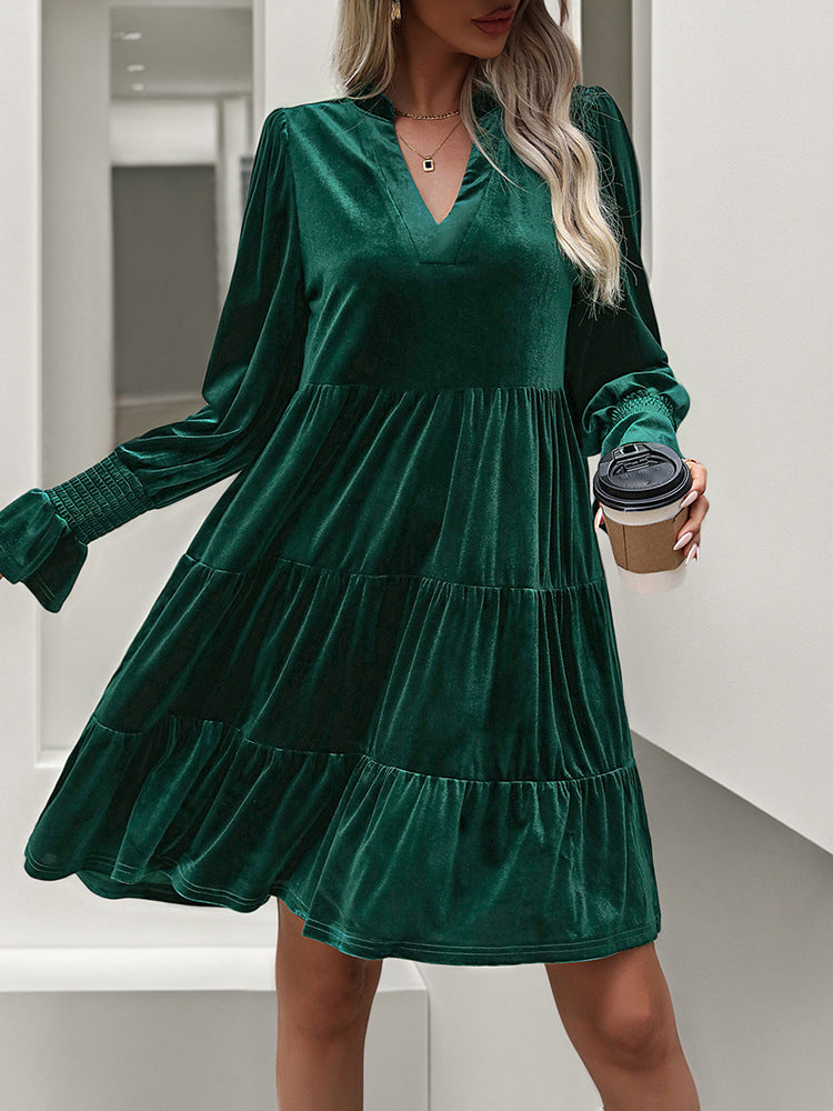 Long Sleeve Velvet Tiered Mini Dress - Green - 5