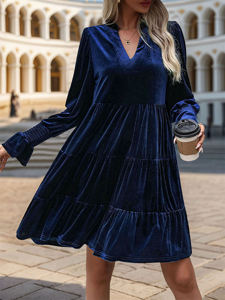 Long Sleeve Velvet Tiered Mini Dress - Navy
