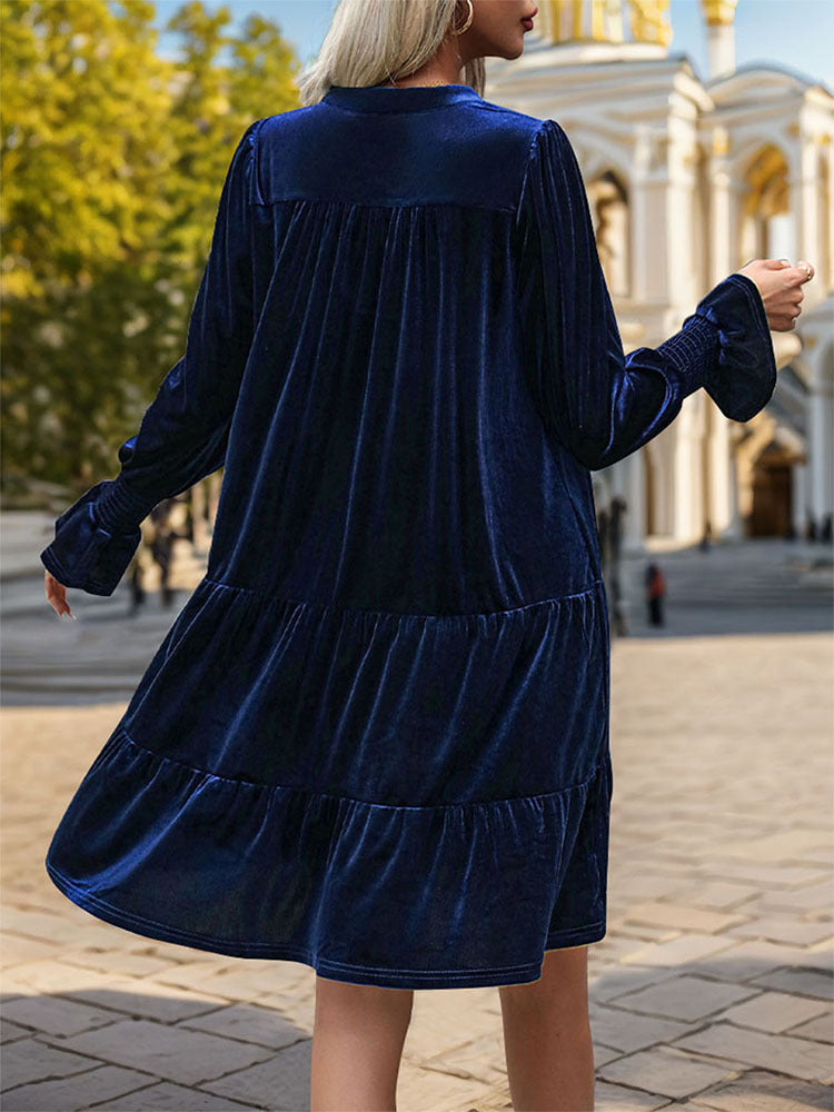 Long Sleeve Velvet Tiered Mini Dress - Navy - 2