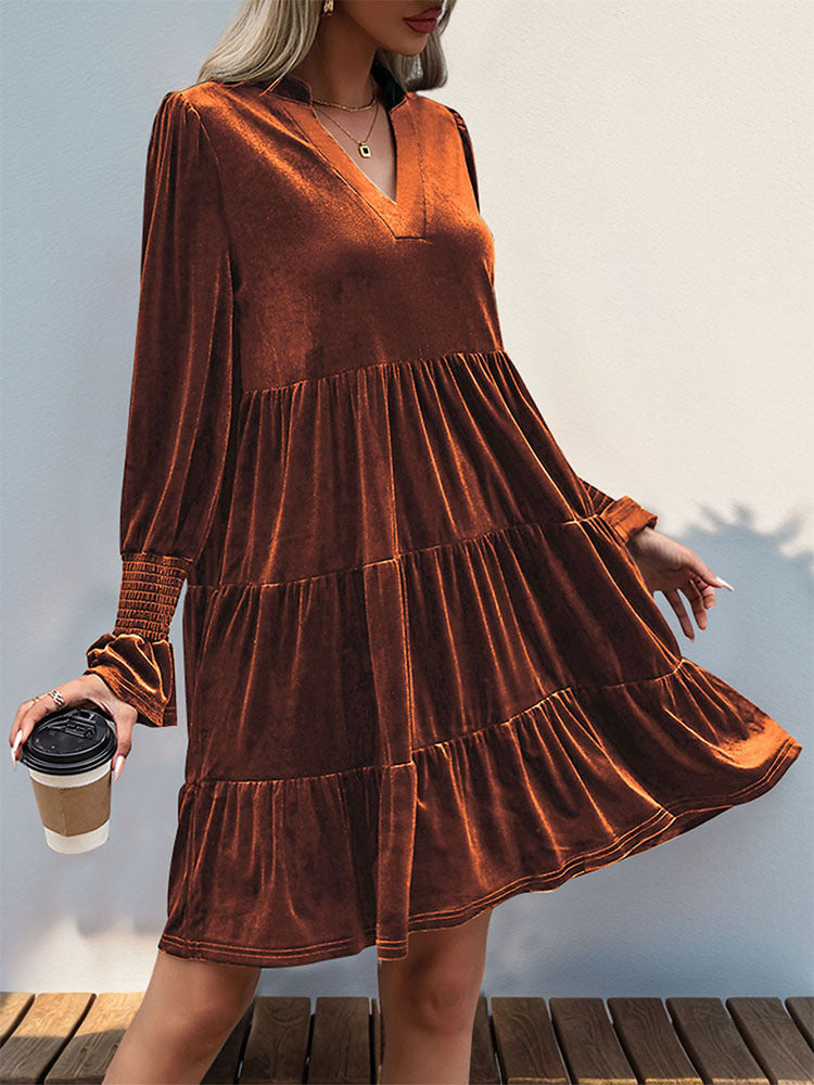 Long Sleeve Velvet Tiered Mini Dress - Orange