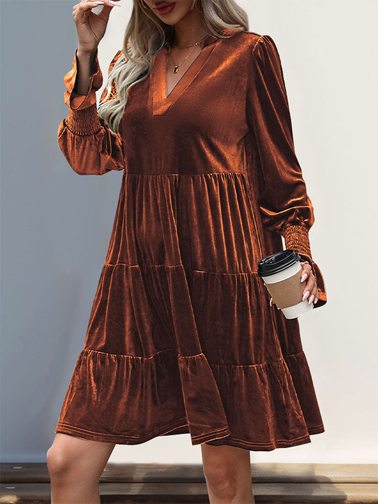 Long Sleeve Velvet Tiered Mini Dress - Orange - 1