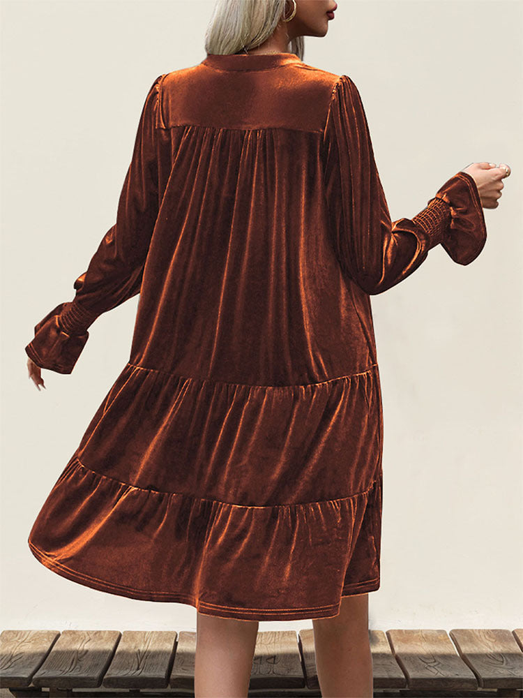Long Sleeve Velvet Tiered Mini Dress - Orange - 2