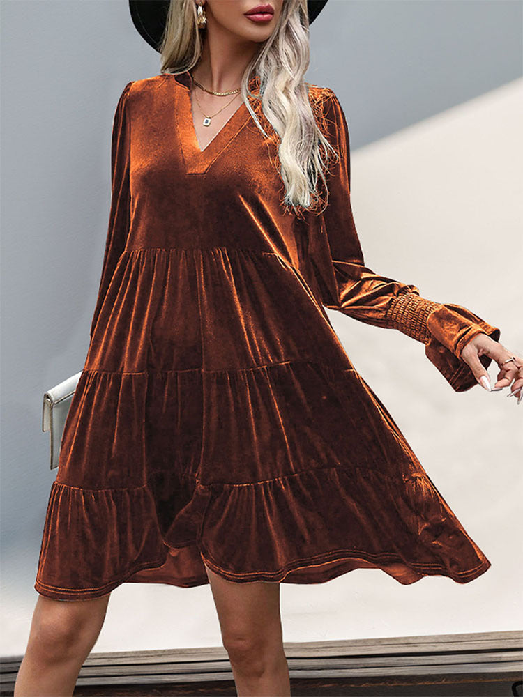 Long Sleeve Velvet Tiered Mini Dress - Orange - 3