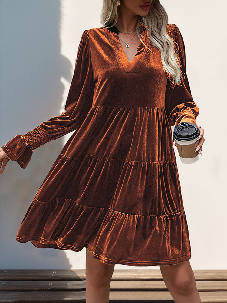 Long Sleeve Velvet Tiered Mini Dress - Orange - 4