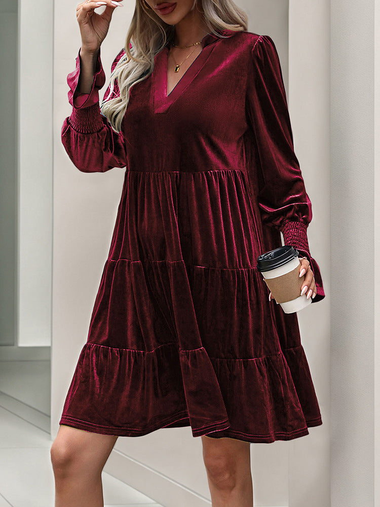 Long Sleeve Velvet Tiered Mini Dress - Red
