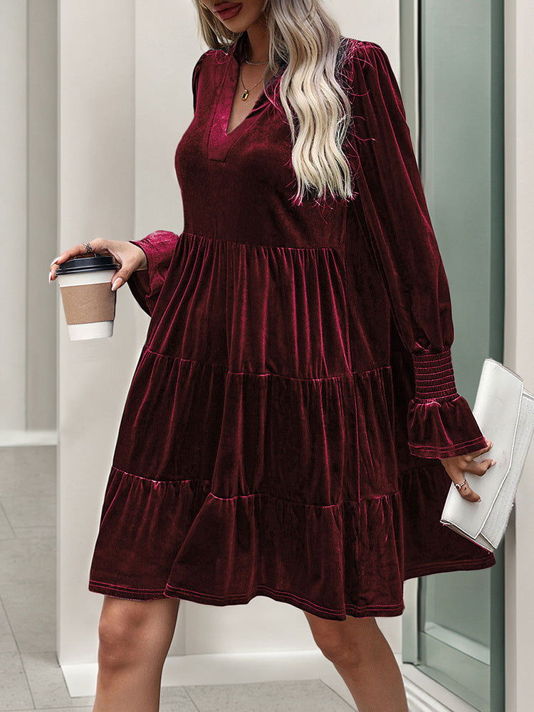 Long Sleeve Velvet Tiered Mini Dress - Red - 4