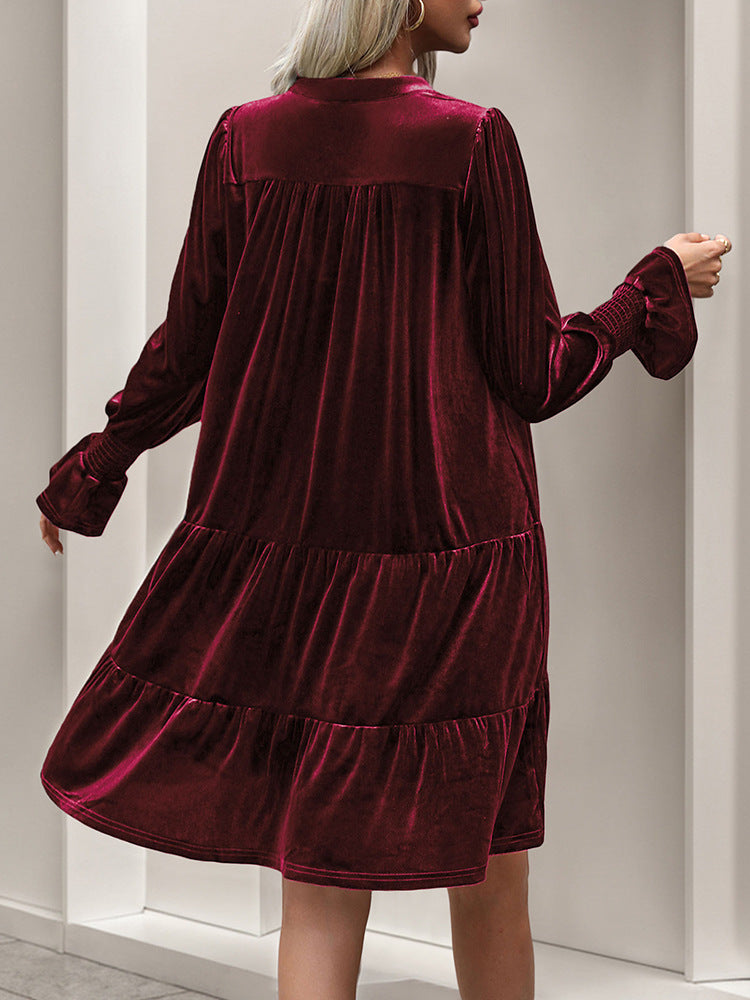 Long Sleeve Velvet Tiered Mini Dress - Red - 6