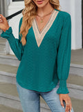 Crochet Trim V Neck Ruffle Cuff Blouse - Darkgreen